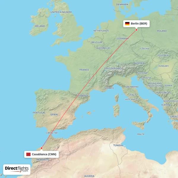 Berlin - Casablanca direct flight map