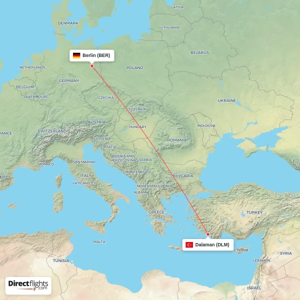 Berlin - Dalaman direct flight map