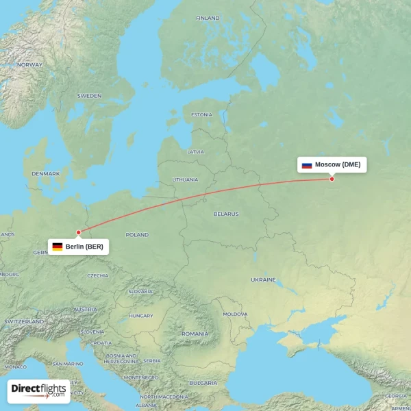 Berlin - Moscow direct flight map
