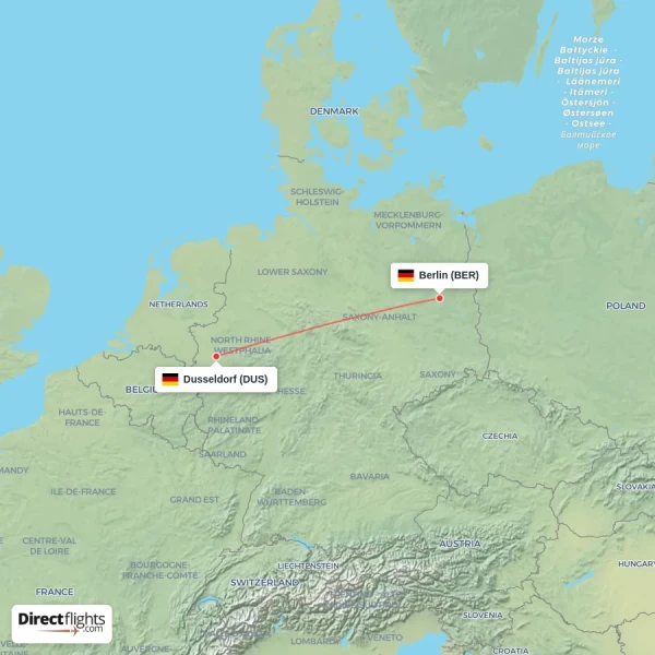 Berlin - Dusseldorf direct flight map
