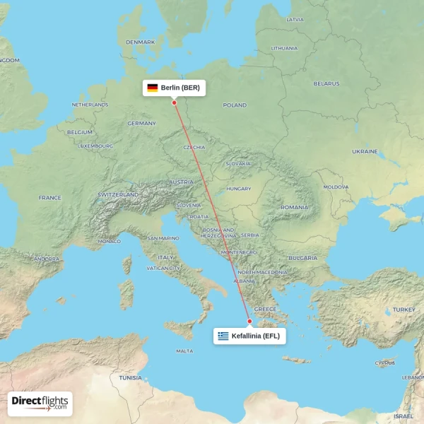 Berlin - Kefallinia direct flight map