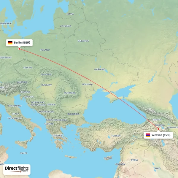 Berlin - Yerevan direct flight map