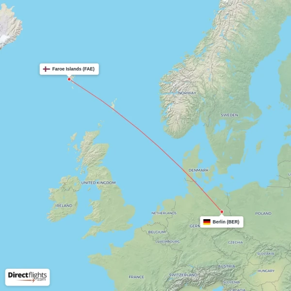 Berlin - Faroe Islands direct flight map