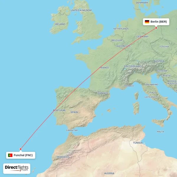 Berlin - Funchal direct flight map