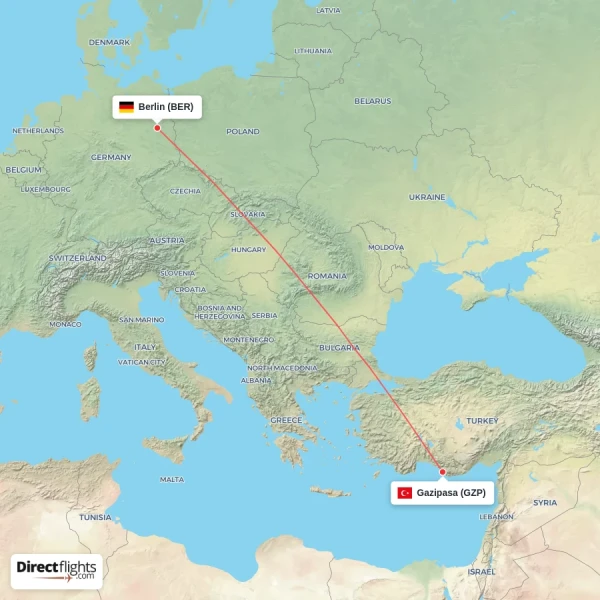 Berlin - Gazipasa direct flight map
