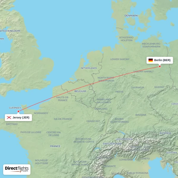 Berlin - Jersey direct flight map
