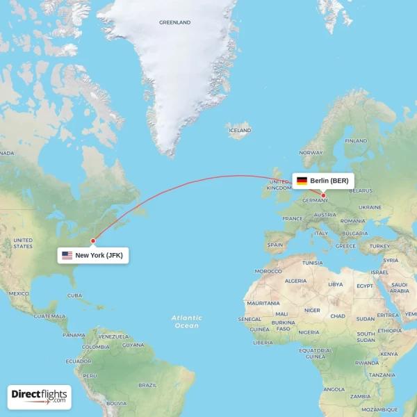 Berlin - New York direct flight map