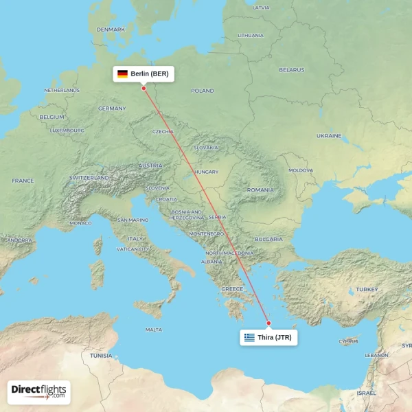 Berlin - Thira direct flight map