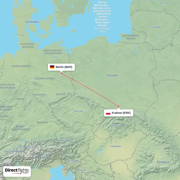Berlin - Krakow direct flight map