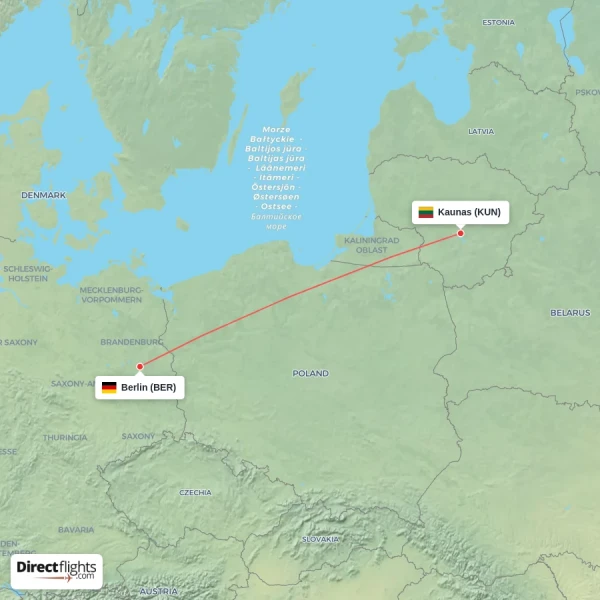 Berlin - Kaunas direct flight map