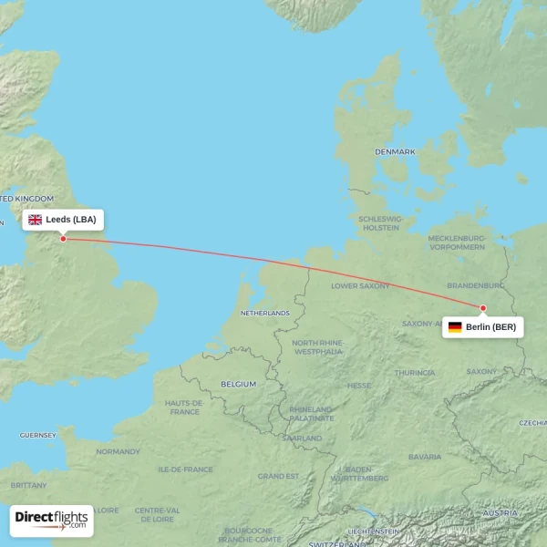 Berlin - Leeds direct flight map