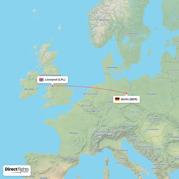 Berlin - Liverpool direct flight map