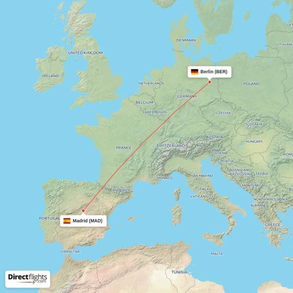 Berlin - Madrid direct flight map