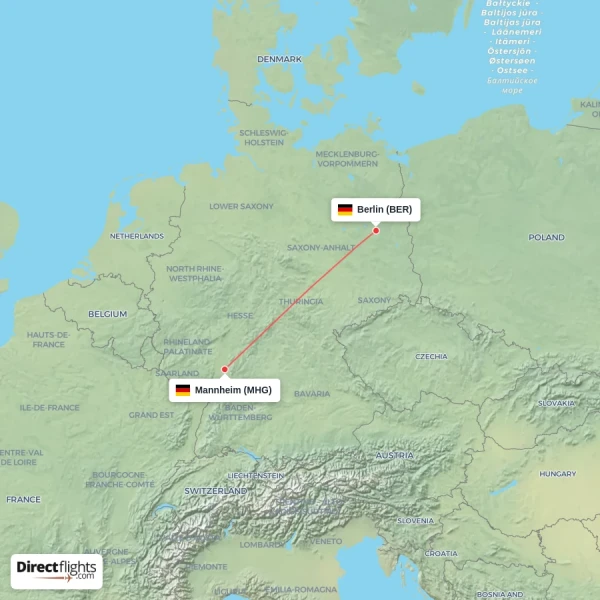 Berlin - Mannheim direct flight map