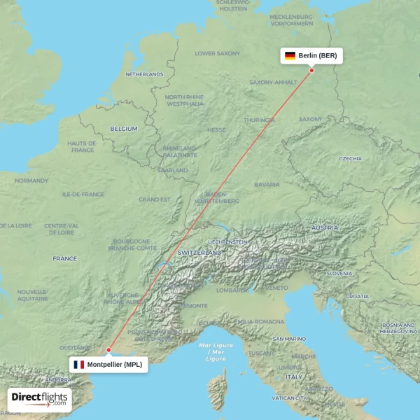Berlin - Montpellier direct flight map