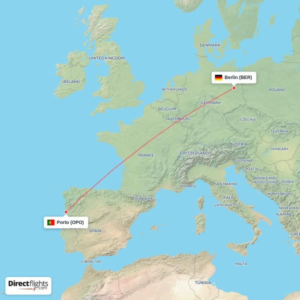 Berlin - Porto direct flight map