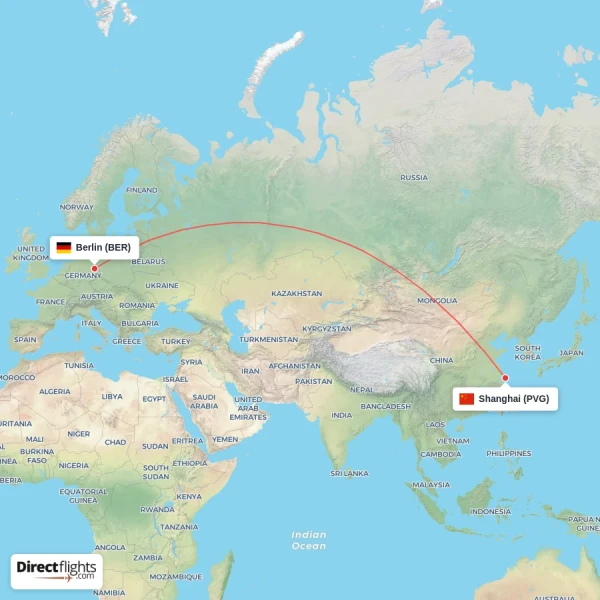Berlin - Shanghai direct flight map
