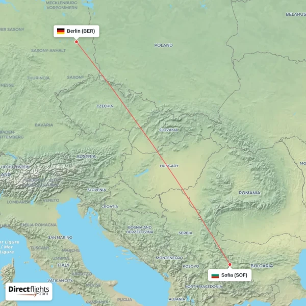 Berlin - Sofia direct flight map
