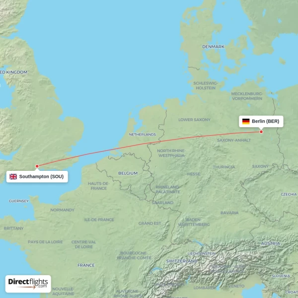 Berlin - Southampton direct flight map