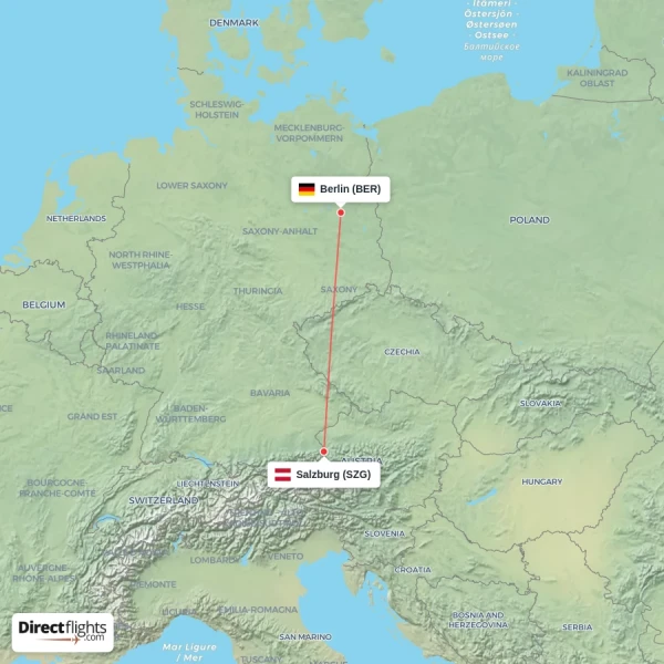 Berlin - Salzburg direct flight map