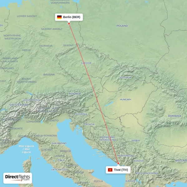 Berlin - Tivat direct flight map
