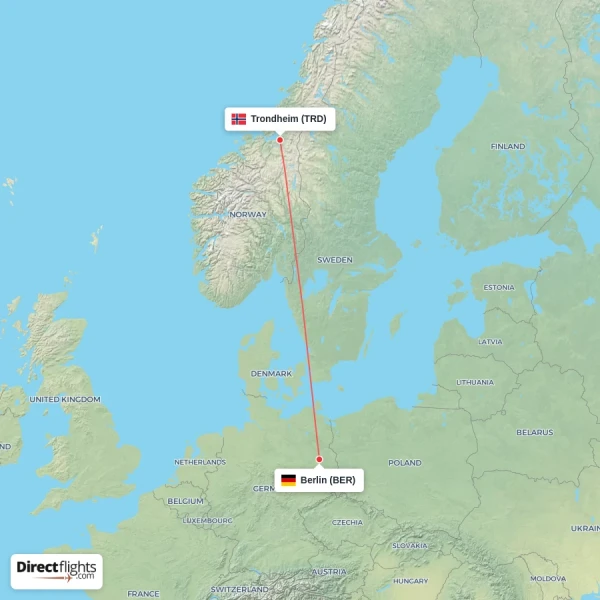 Berlin - Trondheim direct flight map