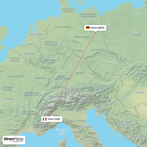 Berlin - Turin direct flight map