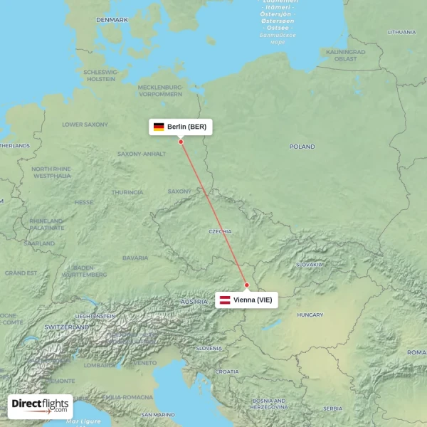 Berlin - Vienna direct flight map