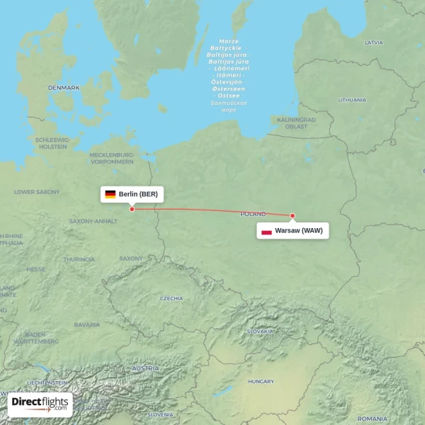 Berlin - Warsaw direct flight map