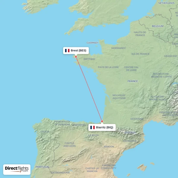 Brest - Biarritz direct flight map