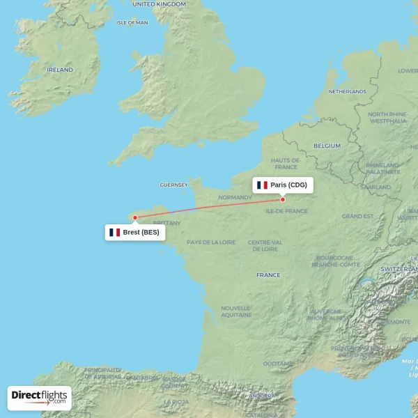 Brest - Paris direct flight map