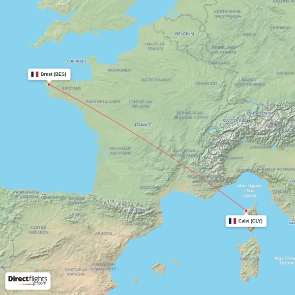 Brest - Calvi direct flight map