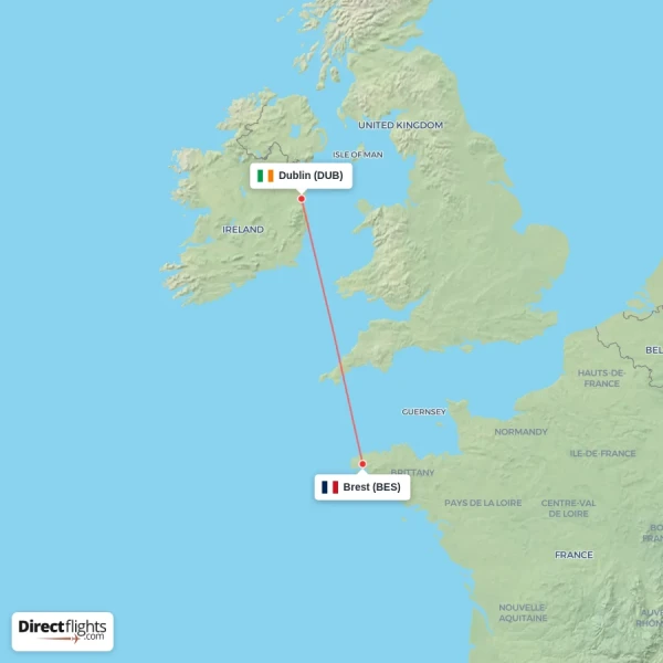 Brest - Dublin direct flight map