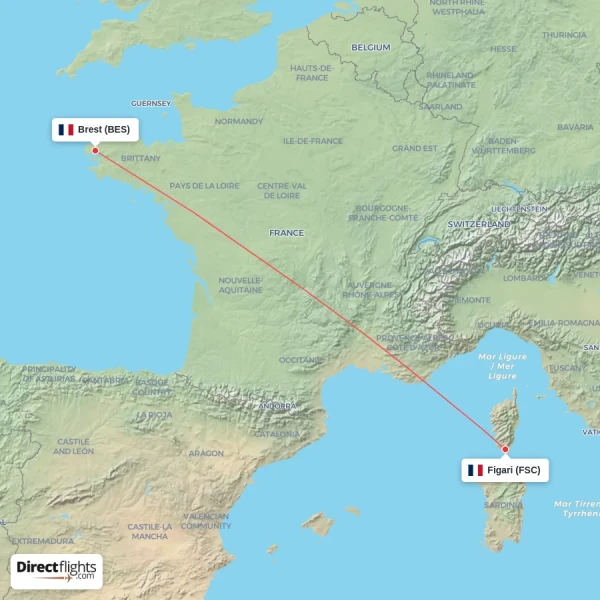 Brest - Figari direct flight map