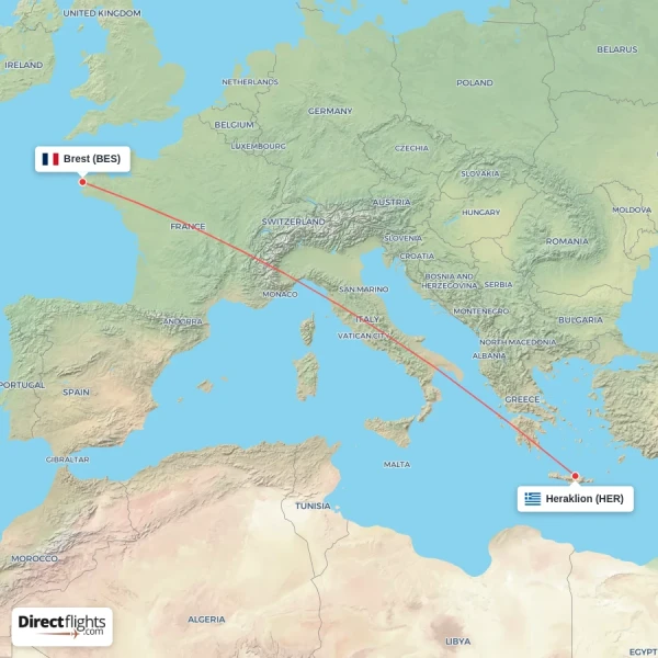 Brest - Heraklion direct flight map