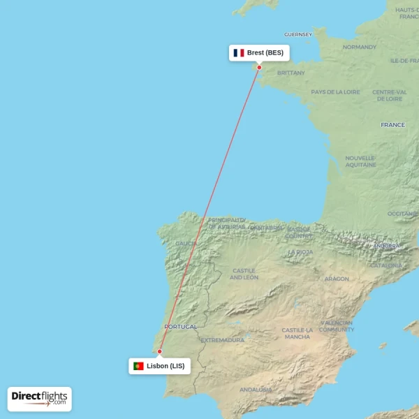 Brest - Lisbon direct flight map