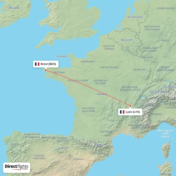 Brest - Lyon direct flight map