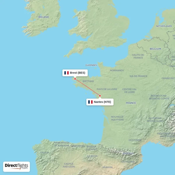 Brest - Nantes direct flight map