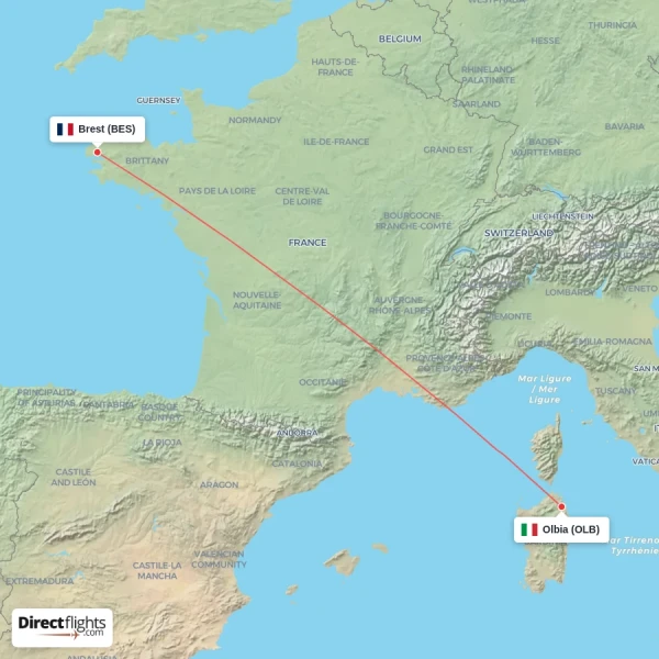 Brest - Olbia direct flight map