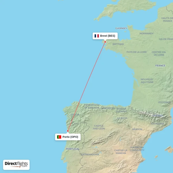 Brest - Porto direct flight map