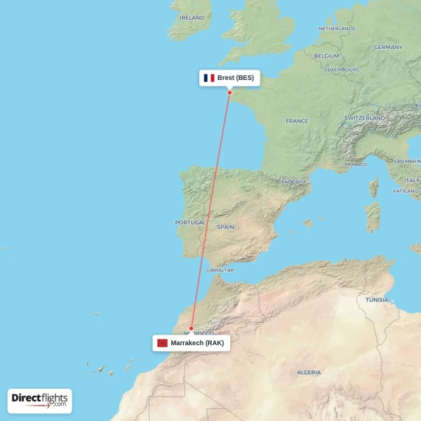 Brest - Marrakech direct flight map