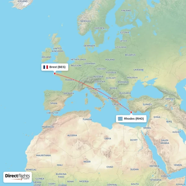 Brest - Rhodes direct flight map