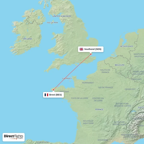 Brest - Southend direct flight map