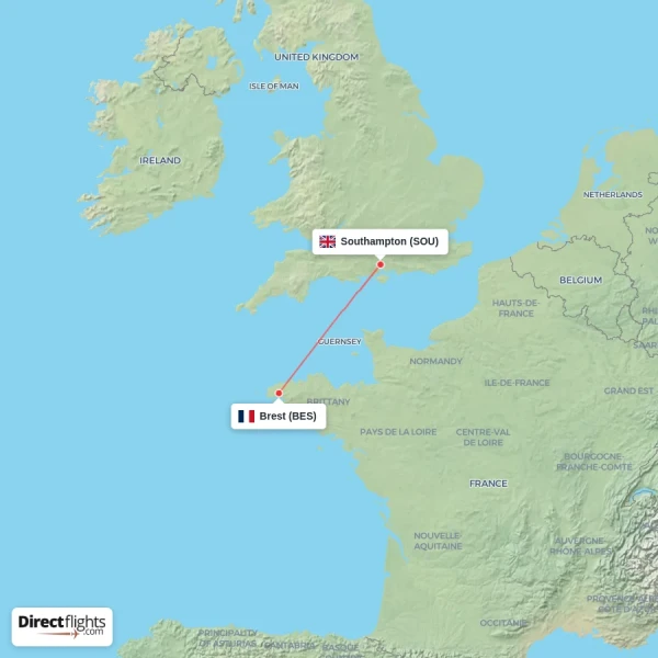 Brest - Southampton direct flight map