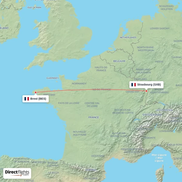 Brest - Strasbourg direct flight map