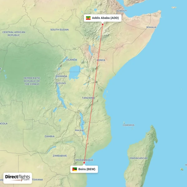 Beira - Addis Ababa direct flight map