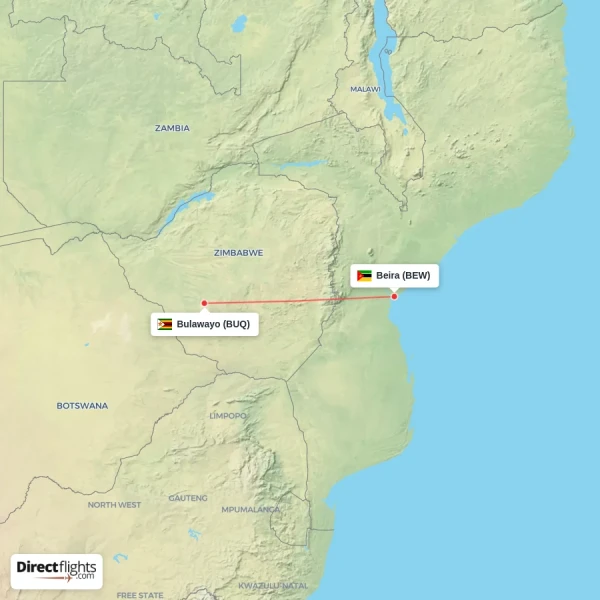 Beira - Bulawayo direct flight map
