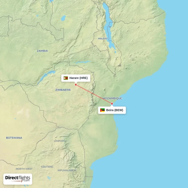 Beira - Harare direct flight map