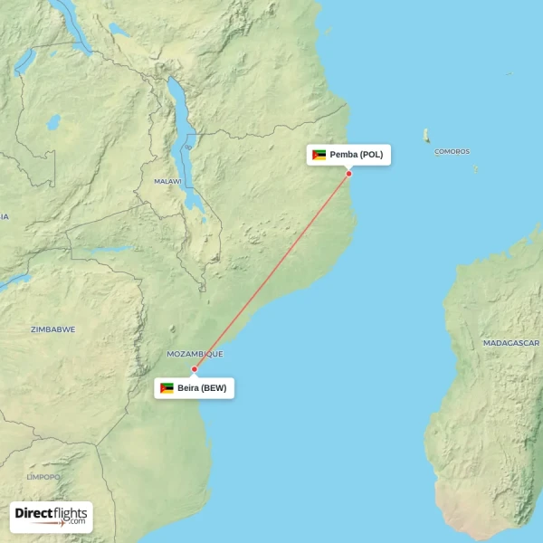 Beira - Pemba direct flight map