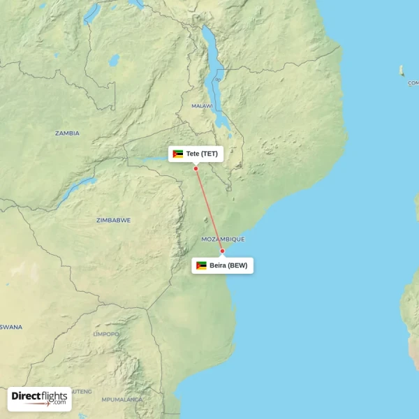 Beira - Tete direct flight map
